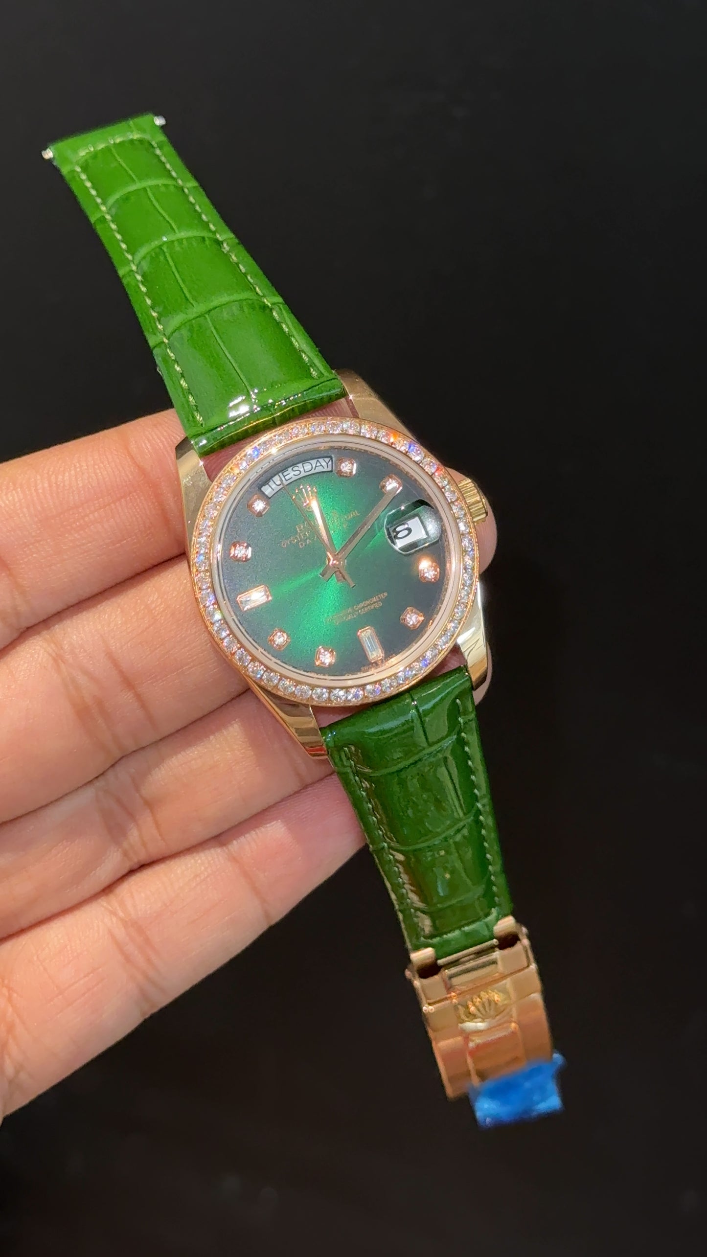 Daydate | 36mm | Rose Diamond Case | Green Leather Strap | Gradiend Green Dial - twentyfour