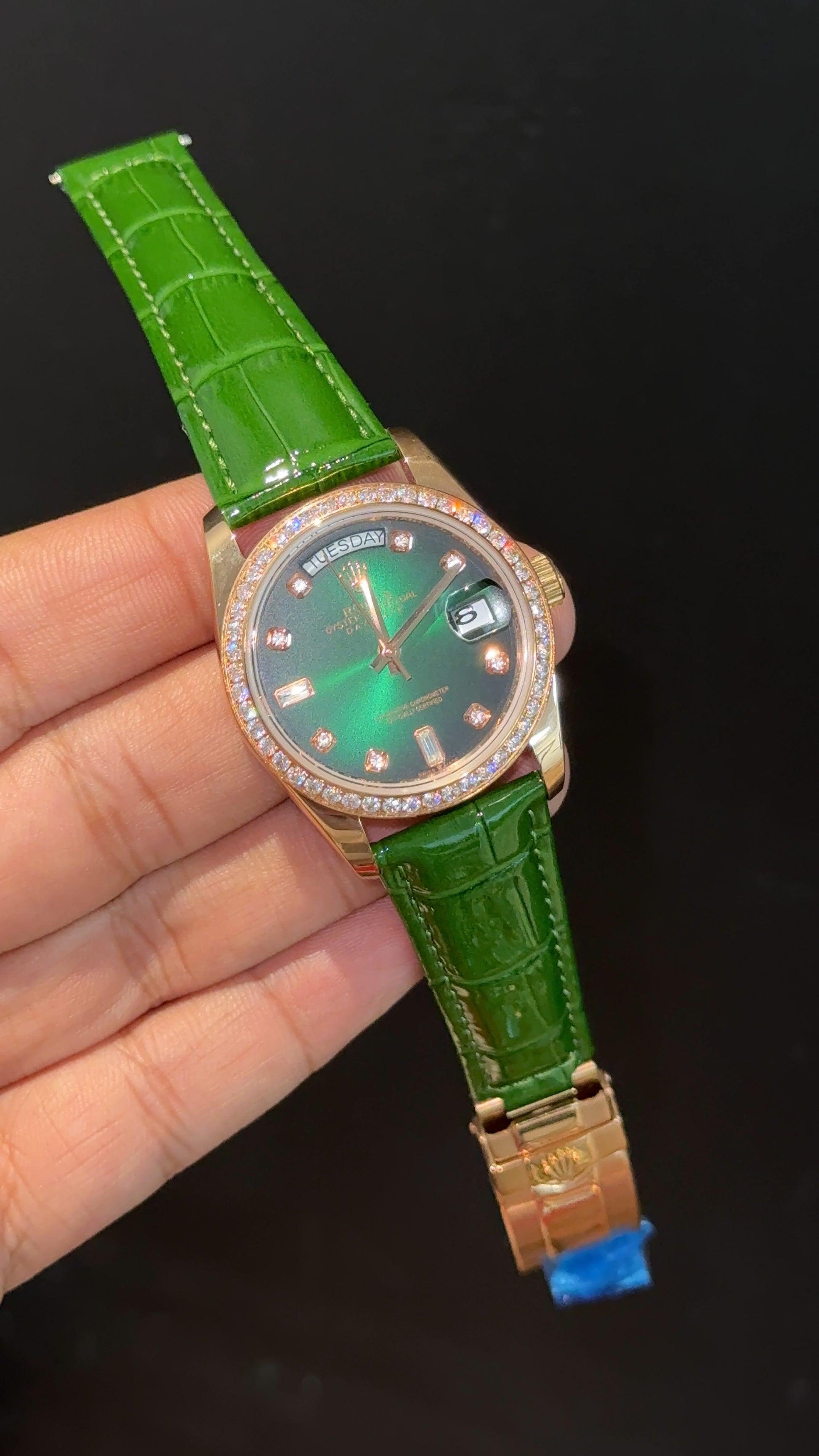 Daydate | 36mm | Rose Diamond Case | Green Leather Strap | Gradiend Green Dial - twentyfour