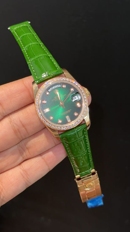 Daydate | 36mm | Rose Diamond Case | Green Leather Strap | Gradiend Green Dial - twentyfour
