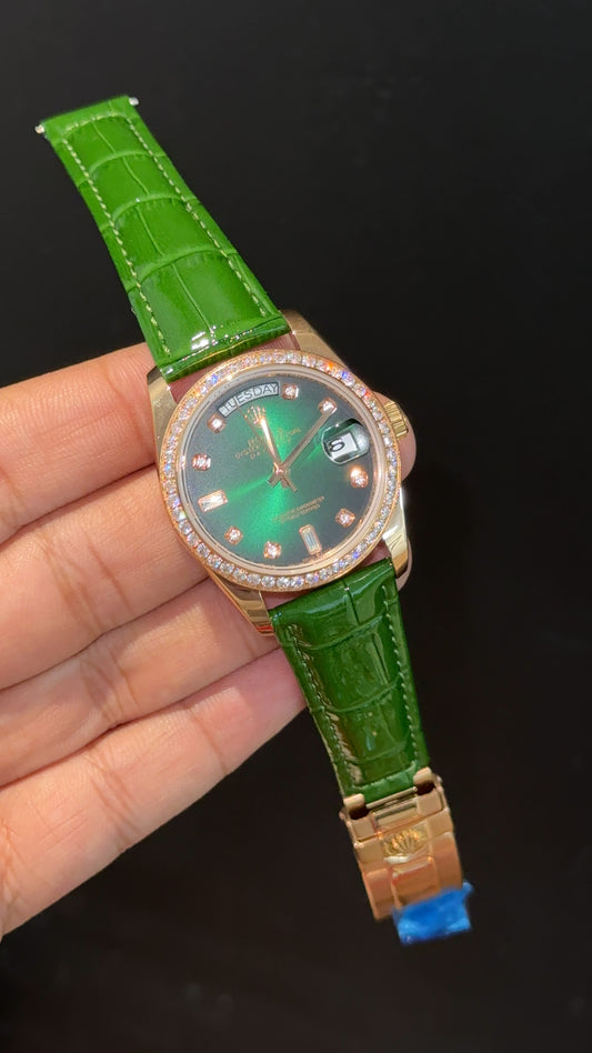 Daydate | 36mm | Rose Diamond Case | Green Leather Strap | Gradiend Green Dial - twentyfour