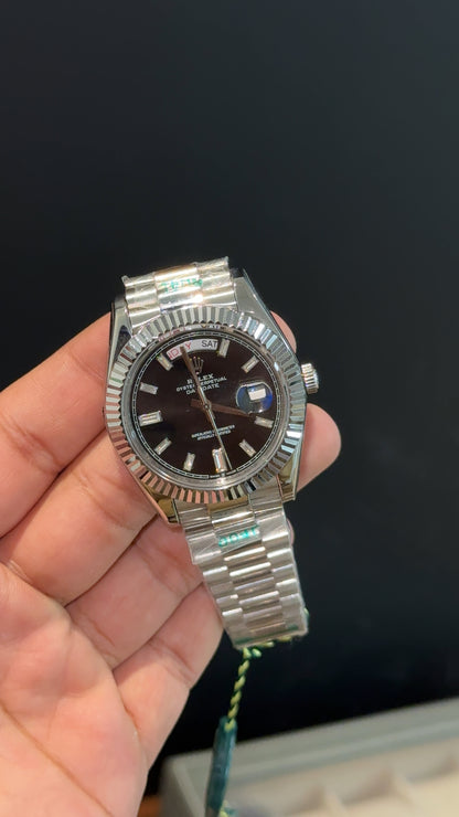 DayDate | Silver Chain | Pearls Digits | Black Dial