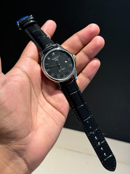 Tissot Silver | Black Leather Strap | Silver Digit | Black Textured Dial