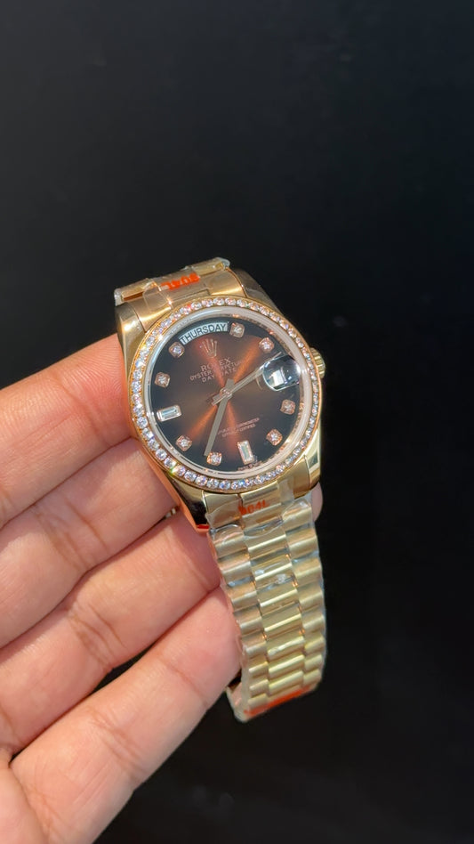 Daydate | 36mm | Diamond Case | Rose Chain | Diamond Digit | Gradient Brown Dial - twentyfour