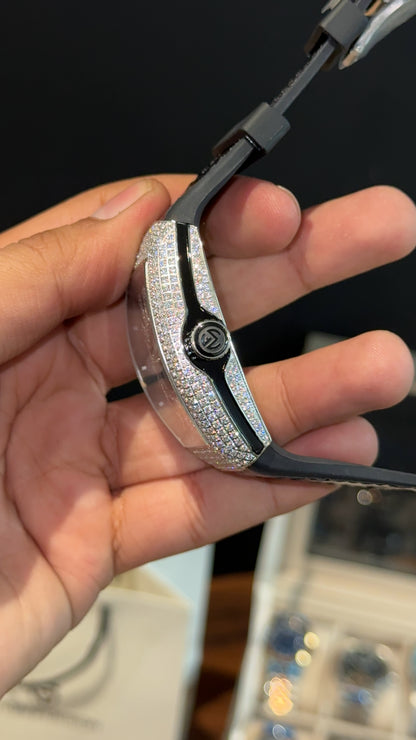 Premium Franck Muller | Vanguard V45 Edition | Yachting Silver Diamond Case | Black Leather Strap | Black Dial