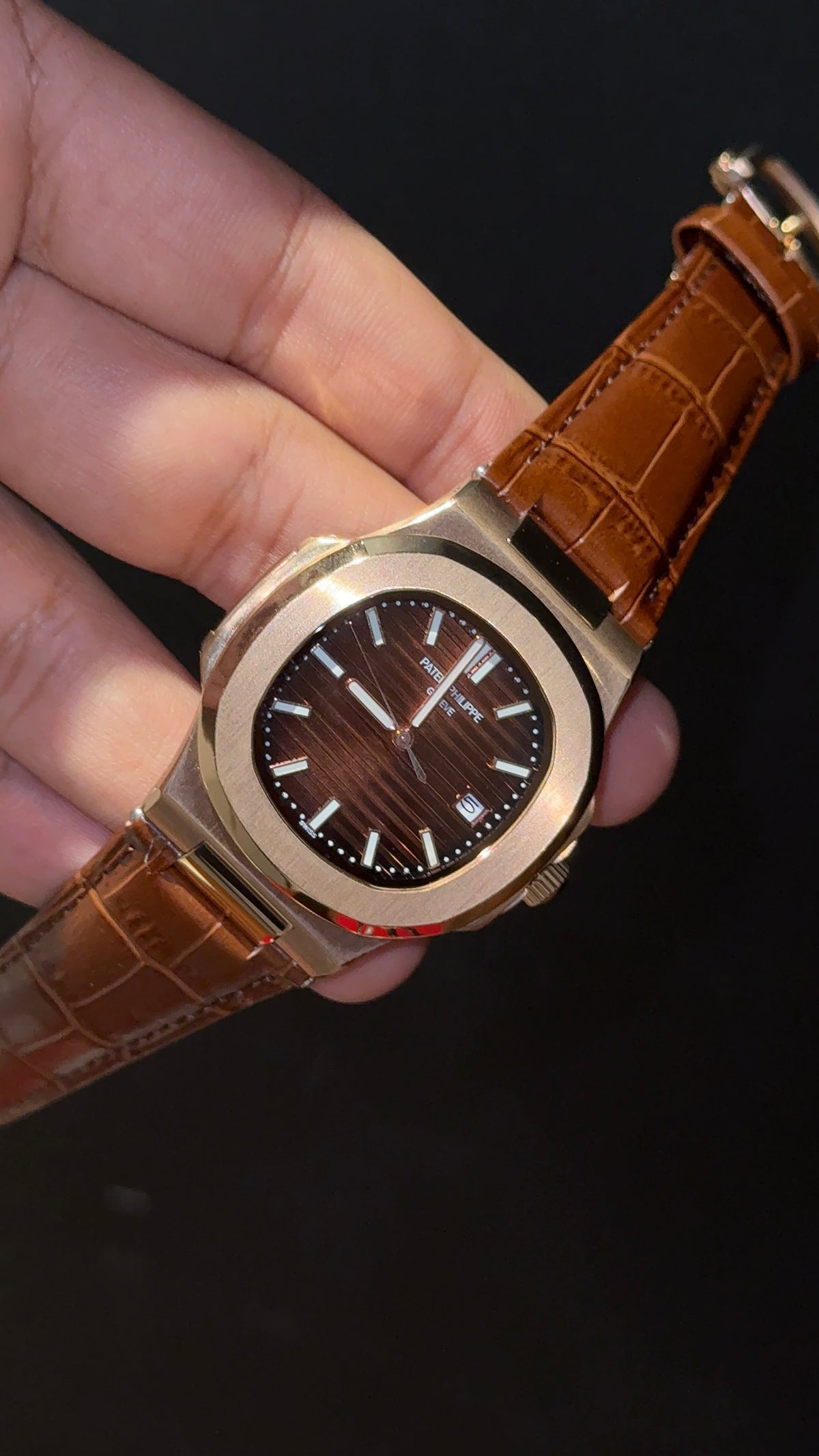 Pp Auto | Rose Bezel | Choco Dial | Brown Leather Strap