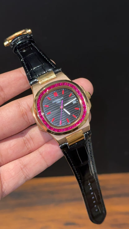 Pp Rose | Auto | Pink Diamond Bezel | Black Leather Strap | Black Dial | Pink Digits