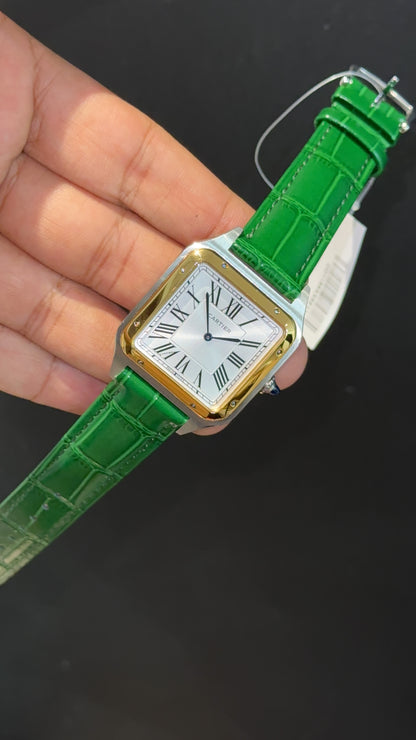 Cartier Santos | Gold Two Tone Case | Green Dumont Strap | White Dial