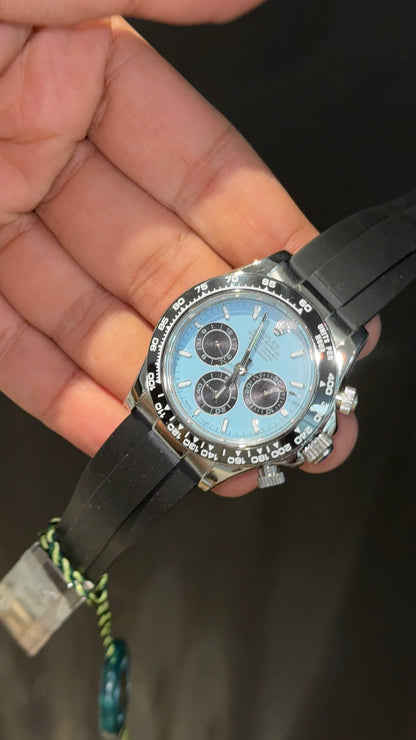 Daytona | Silver | Black Pvc Strap | Black Chrono | Tiffany Dial