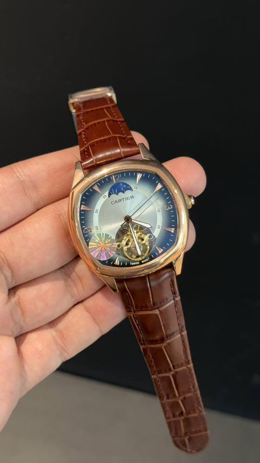Cartier | Rose Square Bezel | Pendulum | MoonPhase | Brown Strap | Shady White Blue Dial