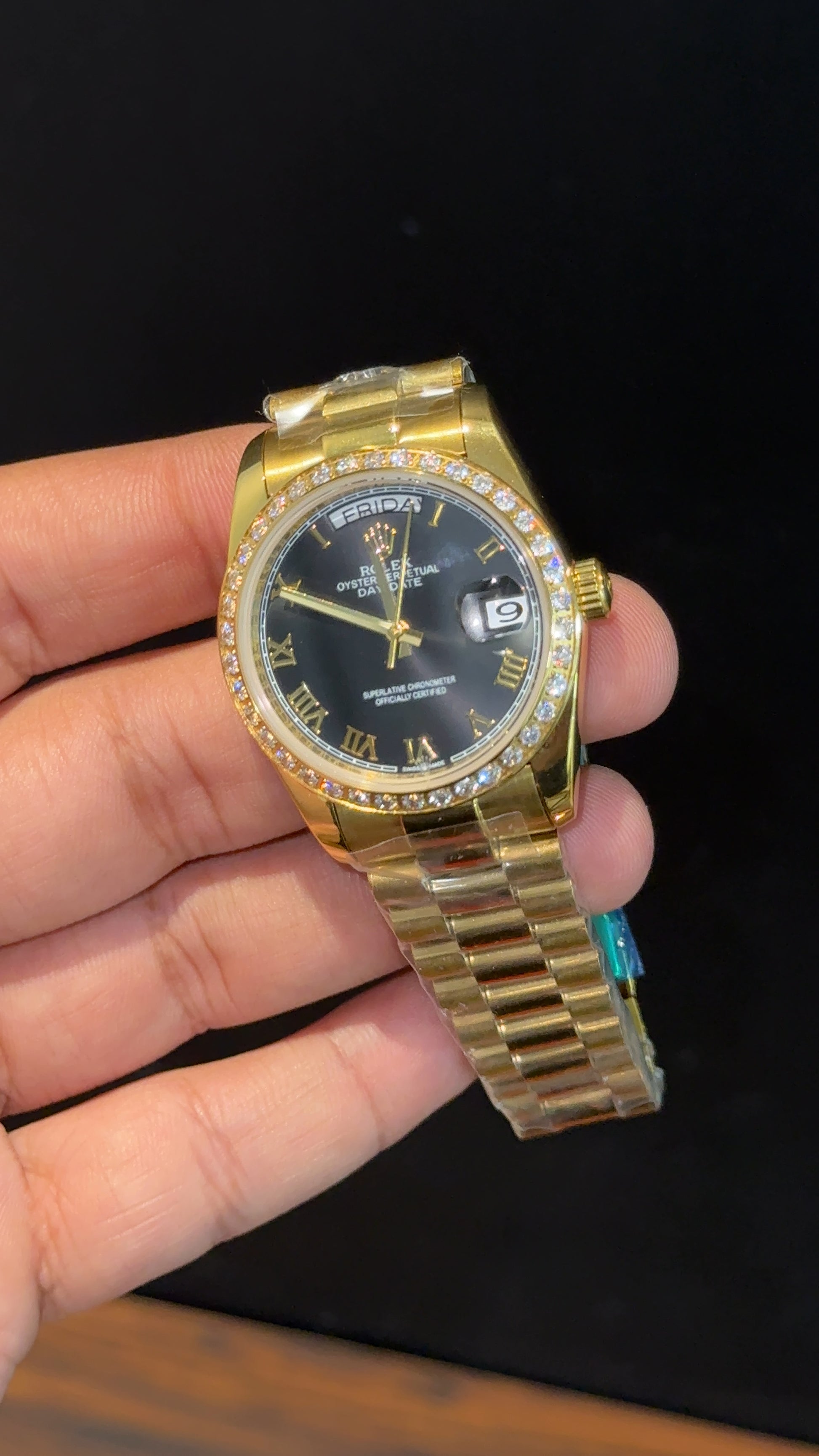 Daydate | 36mm | Gold Chain | Diamond Case | Black Index Dial - twentyfour