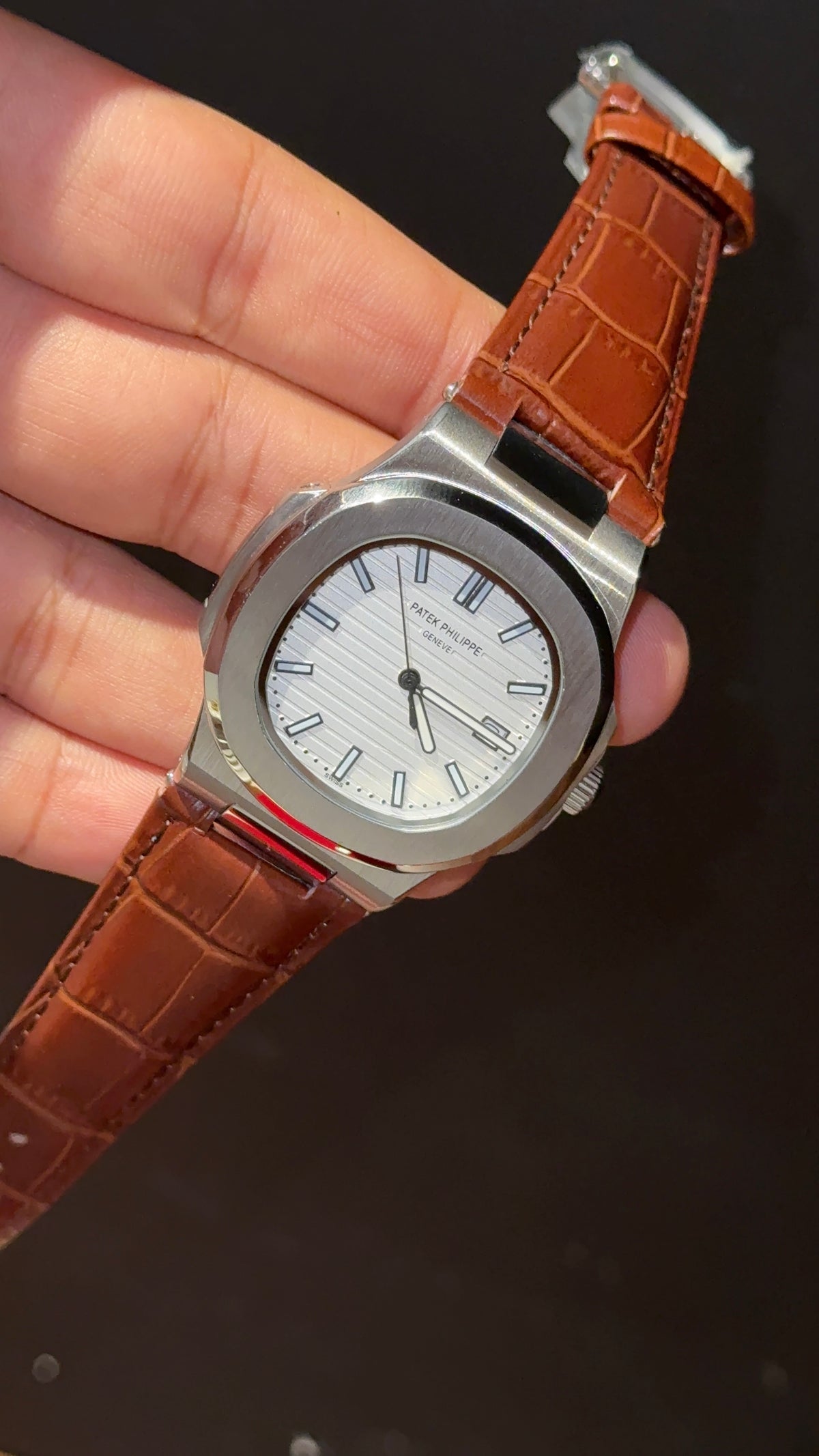 Pp Auto | Silver | White Dial | Brown Leather Strap