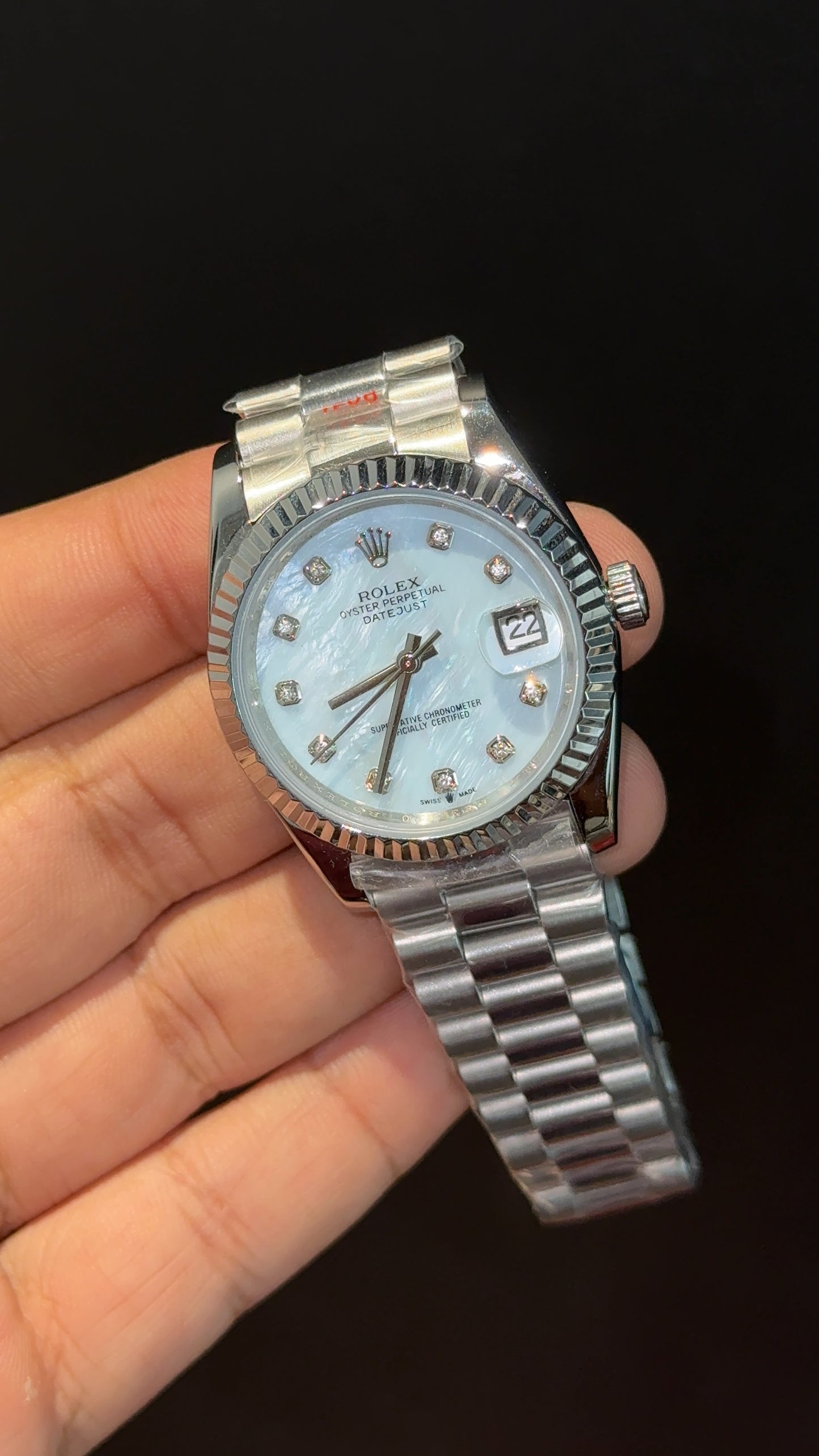Datejust | 36mm | Silver President Chain | Sky Blue Diamond Dial