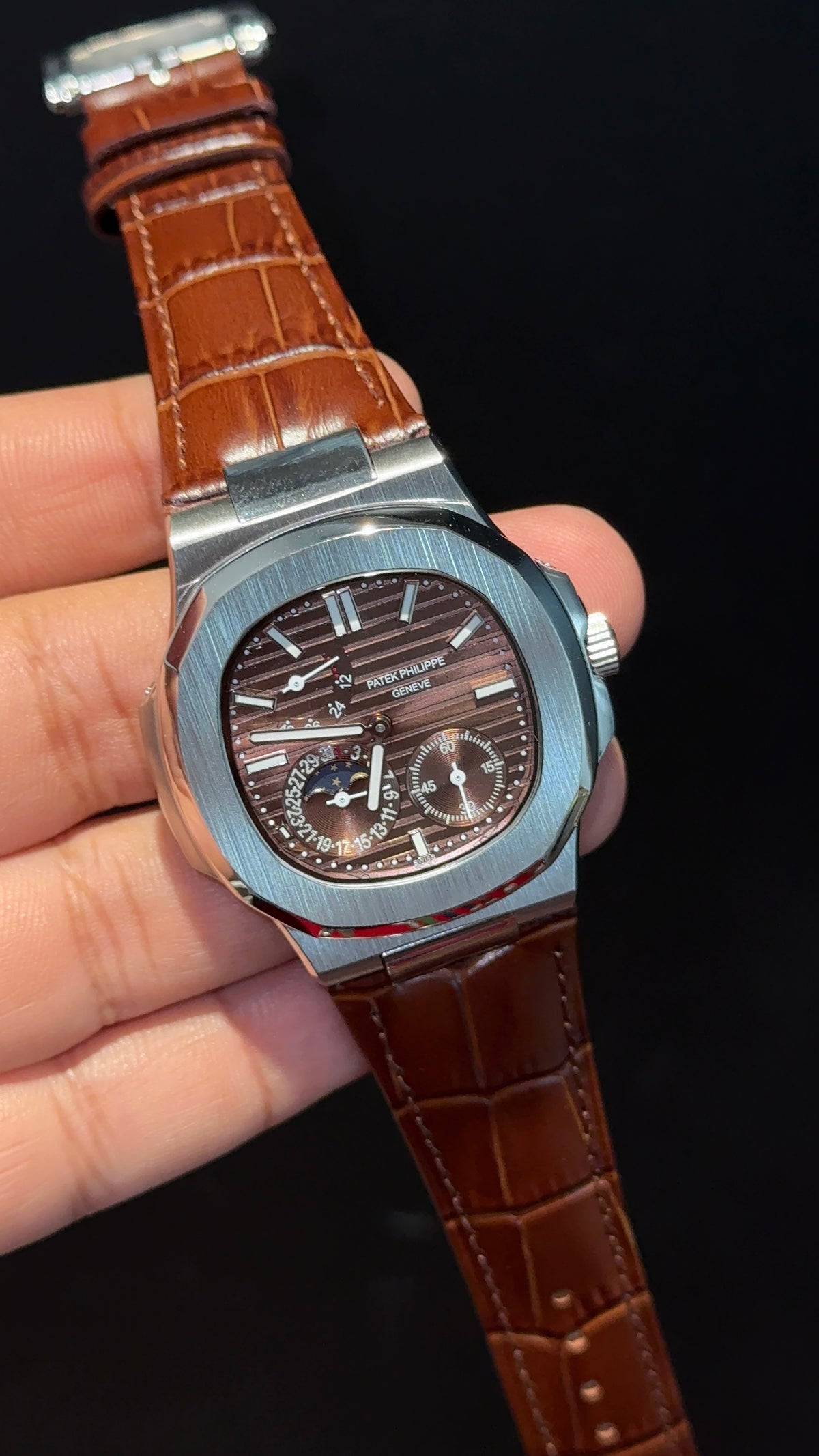 Pp Auto | Silver Case | Brown Strap | Moonphase | Sub Brown Dial