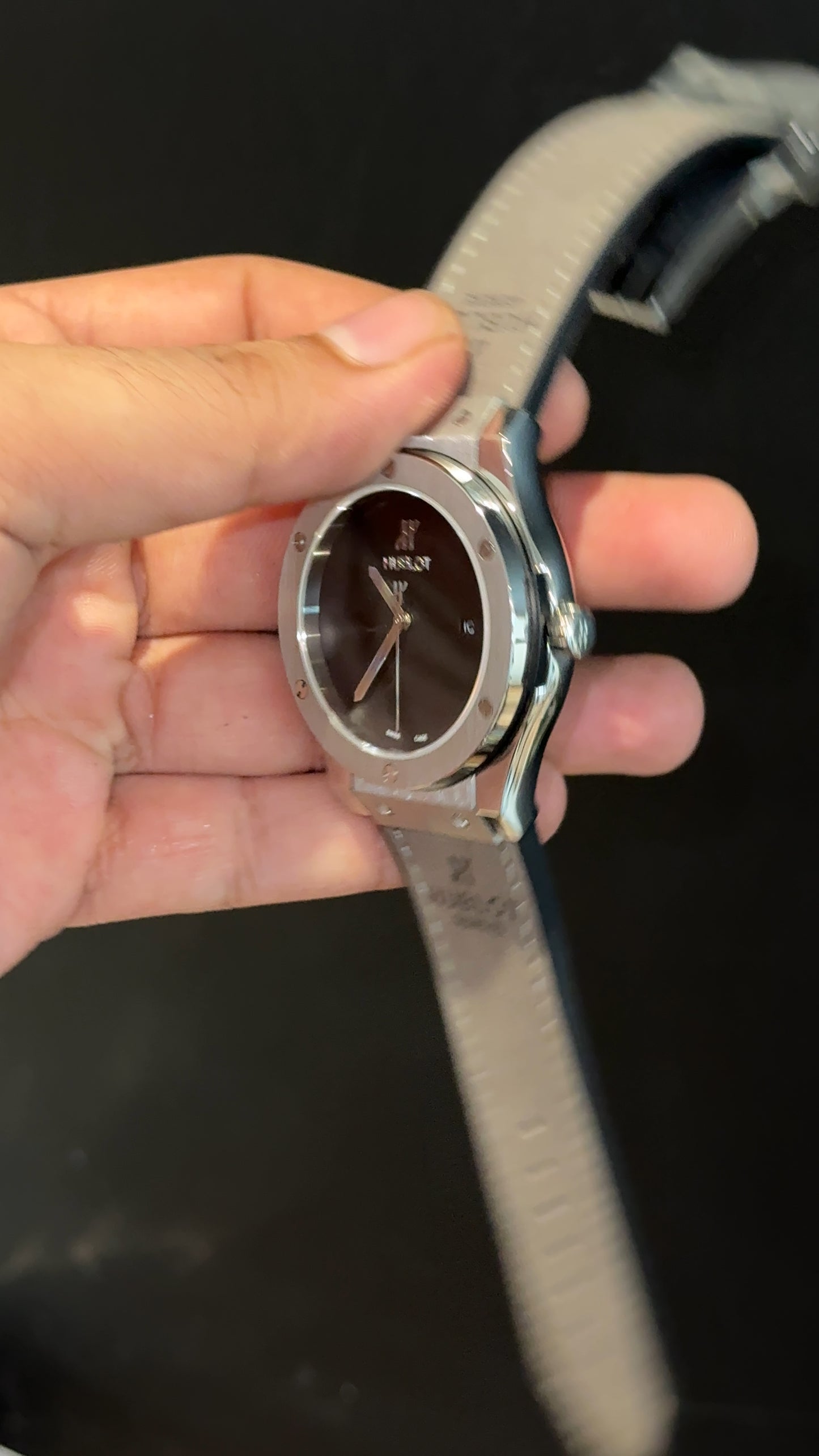 Hublot Auto | Silver Case | light Grey Strap | Black Dial