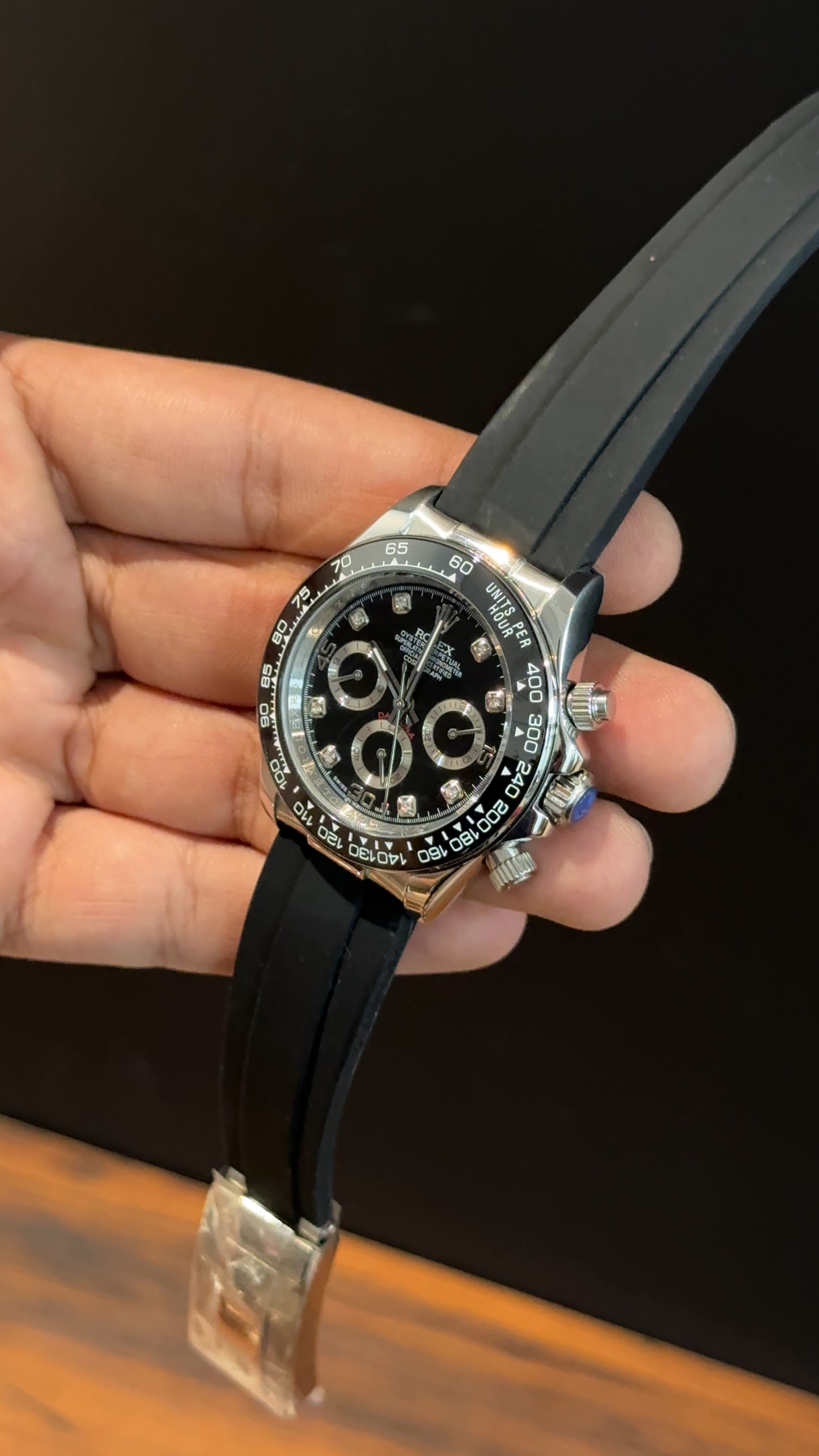 Daytona | Silver | Pvc Strap | Chr | Silver Diamond Black Dial