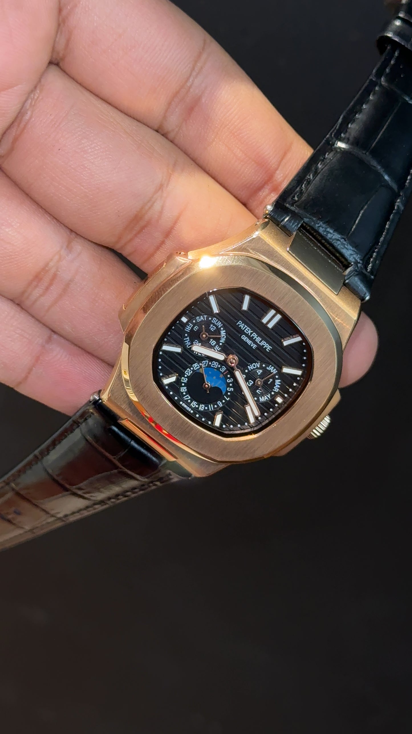 Pp Auto | Moonphase | Chrono | Rose Case | Black Leather Strap | Black Dial