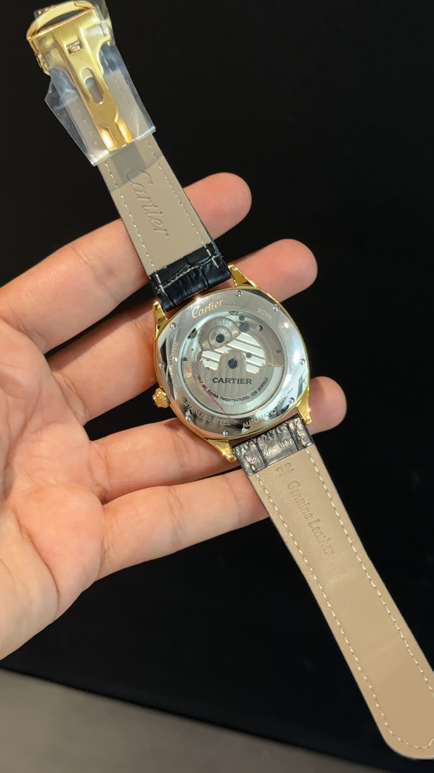 Cartier | Gold Square Bezel | Pendulum | Black Strap | Black Index Dial