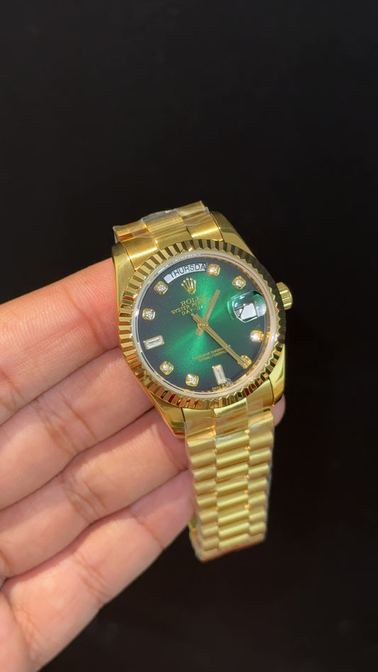 Daydate | 36mm | Gold Chain | Diamond Digit | Gradient Green Dial - twentyfour