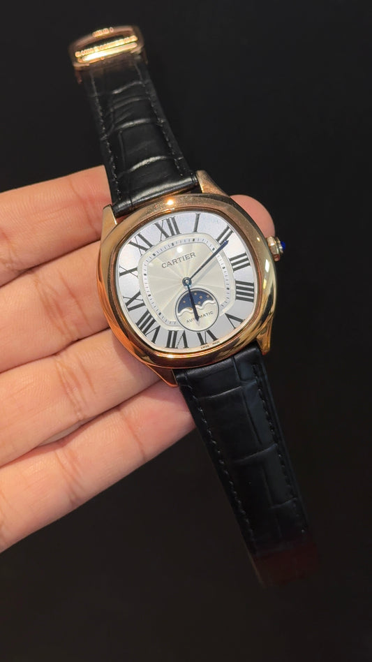 Cartier | Rose Case | Black Leather Strap | Moonphase |White Dial