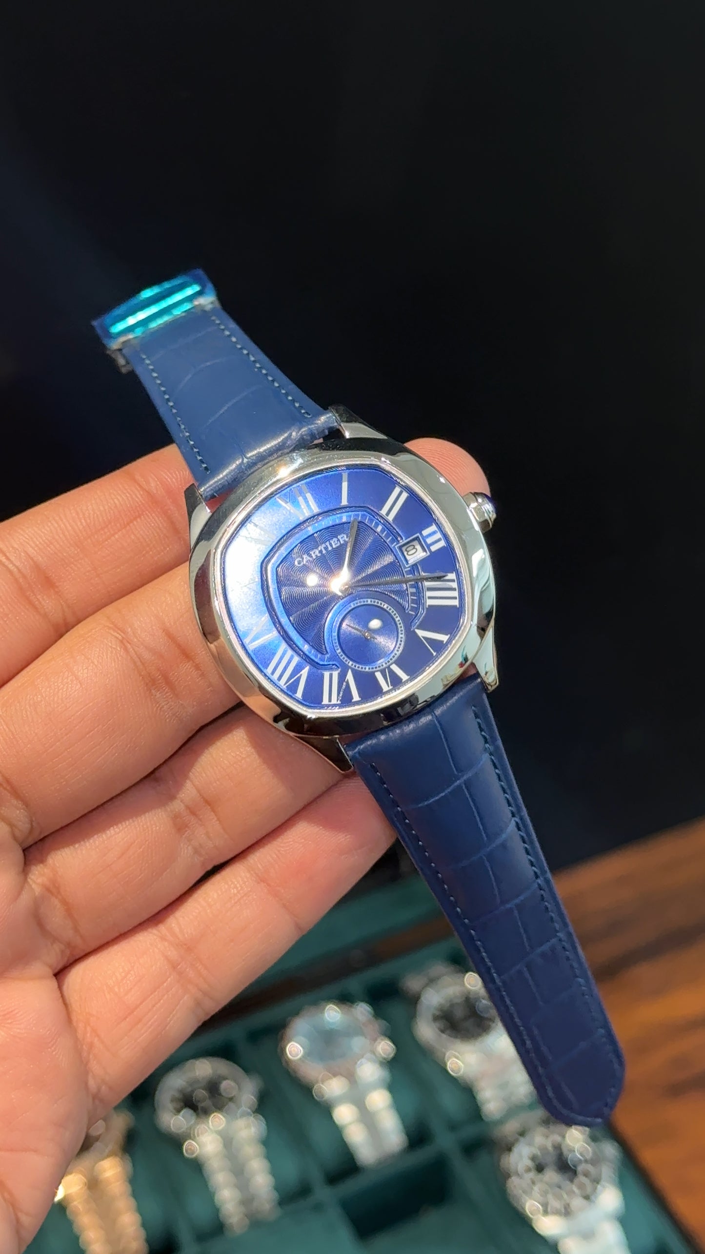 Cartier Silver | Blue Leather Strap | FlyBack Second | Blueish Roman Dial
