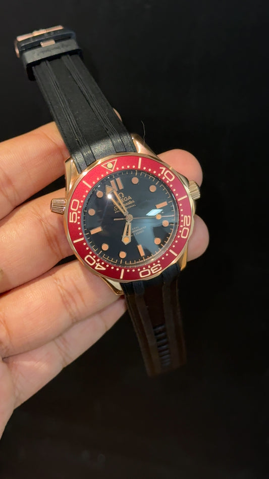 Omega Seamaster | Rose Red Bezel | Black Strap | Black Plain Dial - twentyfour