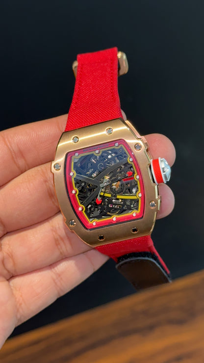 Premium Richard Mille | RM 67-02 Series | Rose Case | Skeleton | Red Strap | Black Dial
