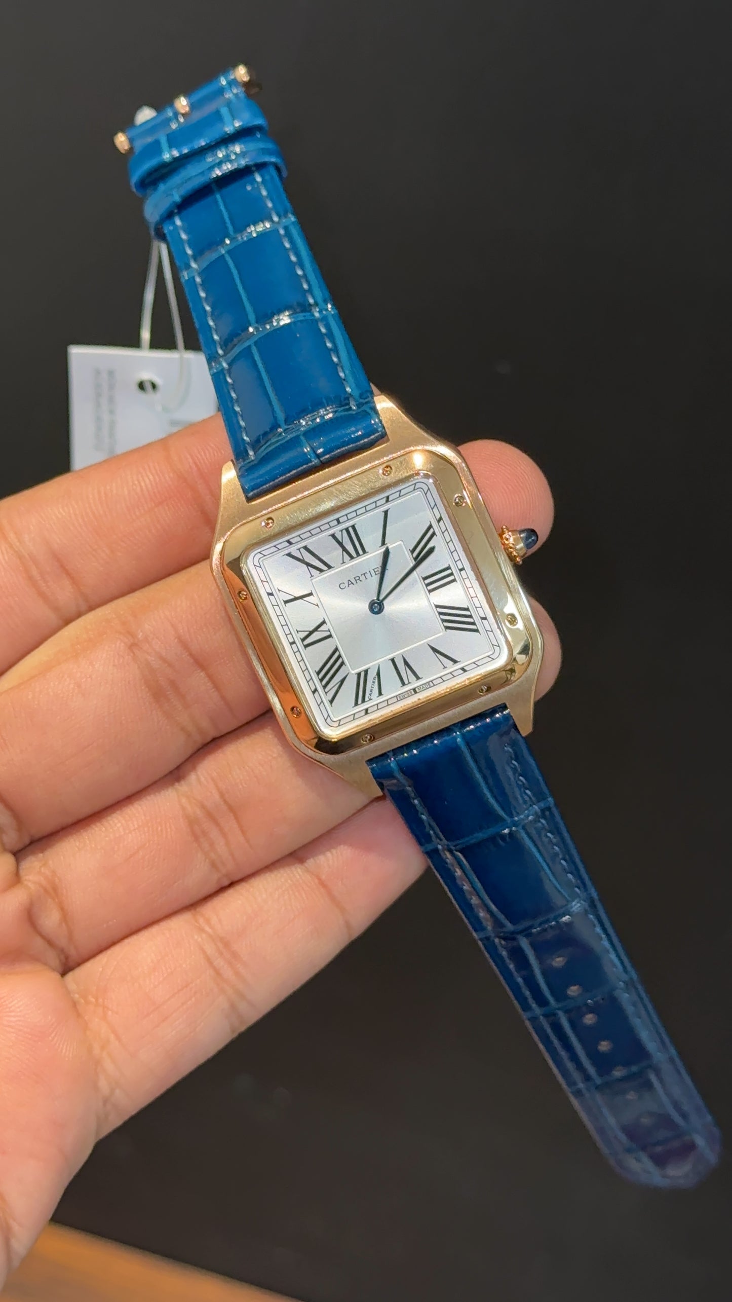 Cartier Santos | Rose Case | Blue Dumont Strap | White Dial