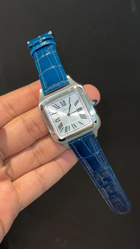 Cartier Santos | Silver Case | Blue Dumont Strap | White Dial
