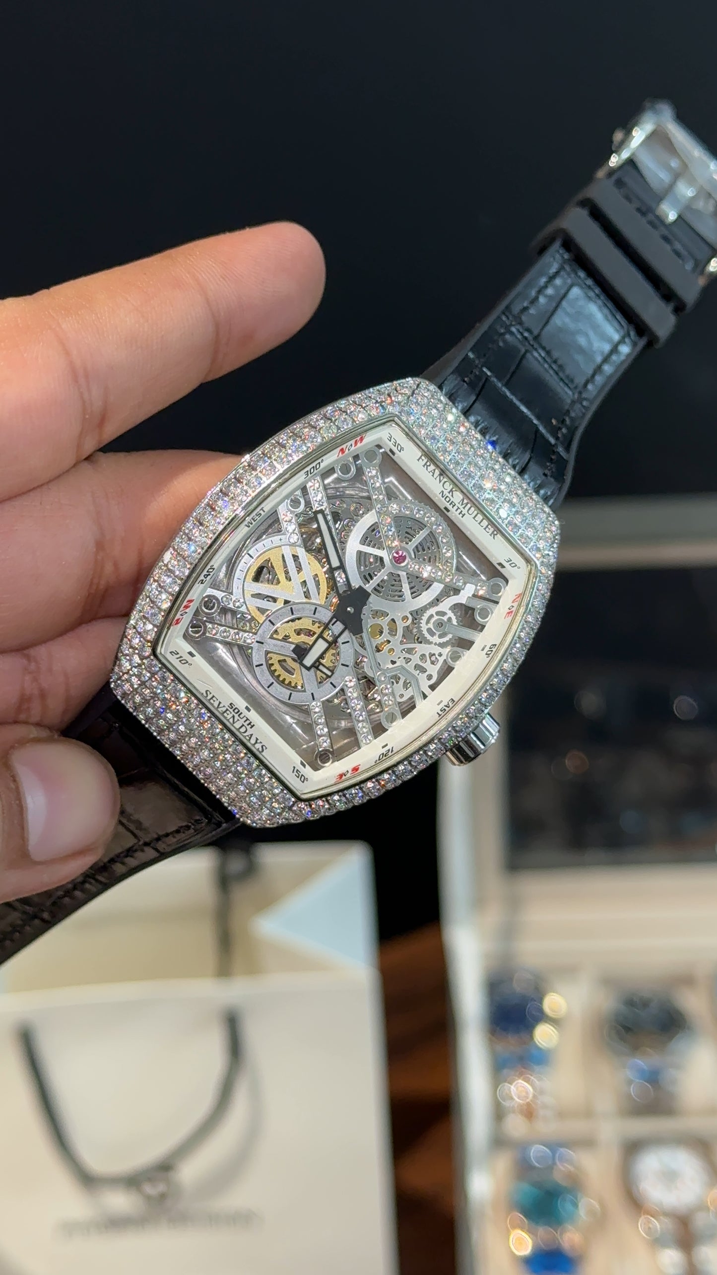 Premium Franck Muller | Curvex Skeleton | Silver Case | Black Leather Strap | Silver Pearl Dial