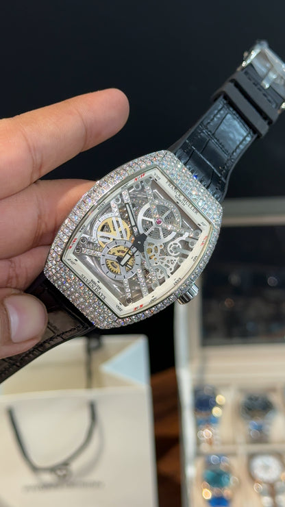 Premium Franck Muller | Curvex Skeleton | Silver Case | Black Leather Strap | Silver Pearl Dial