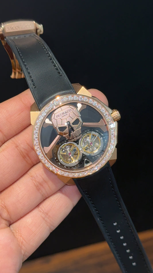 Executive Jacob And Co | Rose Case | Skull Tourbillon Edition | Black Strap | Black Dial