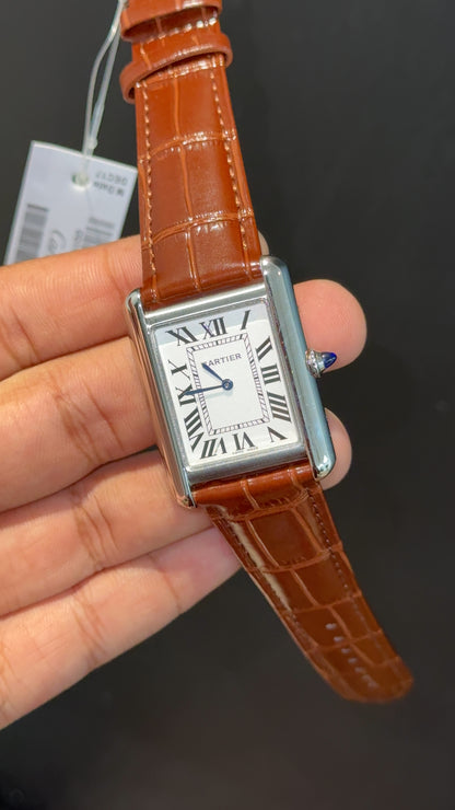 Cartier Tank | Silver | Brown Leather Strap | White Crafted Dial
