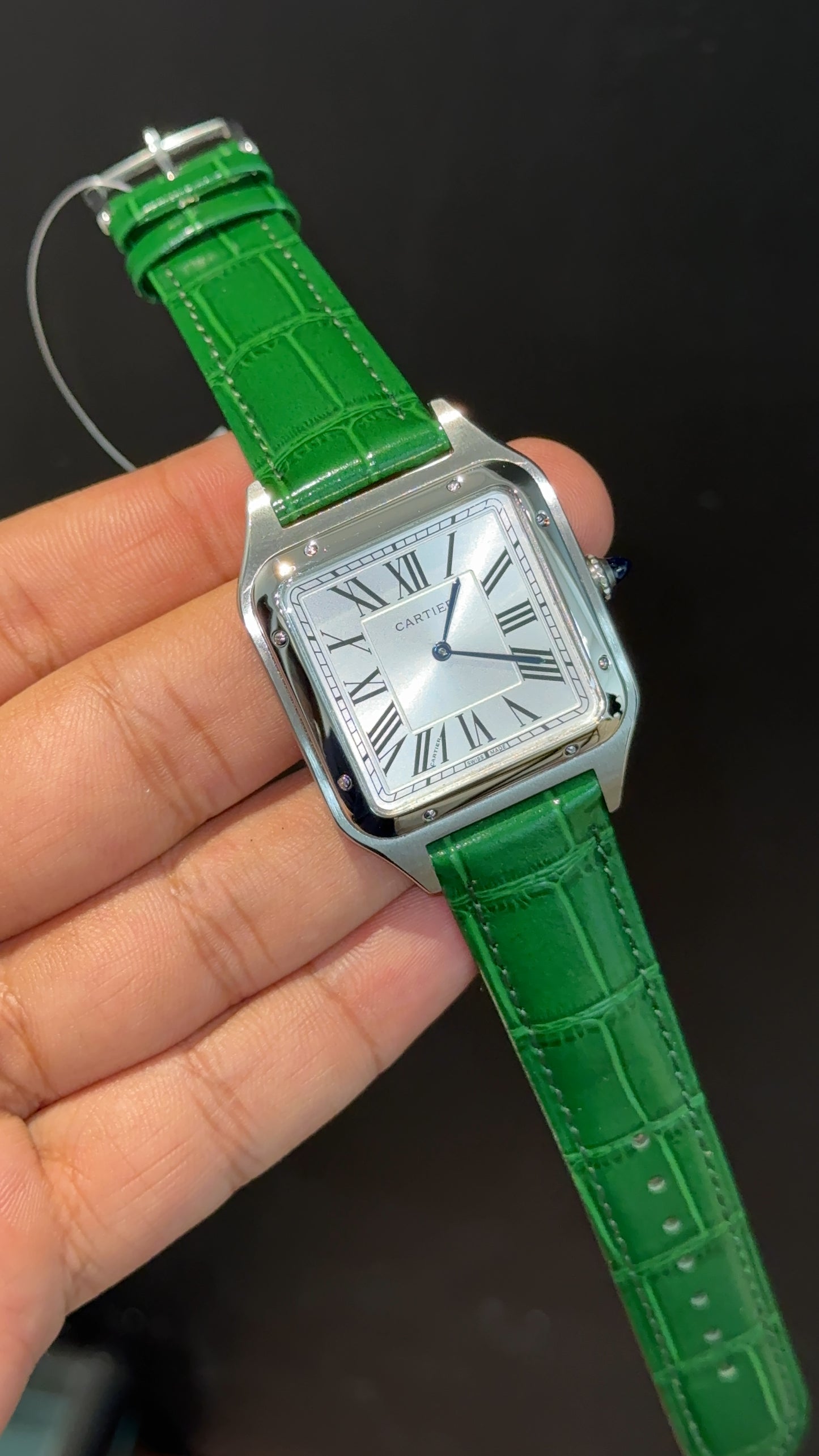 Cartier Santos | Silver Case | Green Dumont Strap | White Dial (Copy)