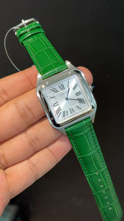 Cartier Santos | Silver Case | Green Dumont Strap | White Dial (Copy)