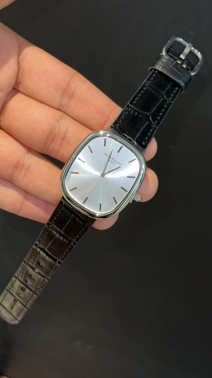Pp Ellipse | Silver Case | Black Leather Strap | White Ebony Dial