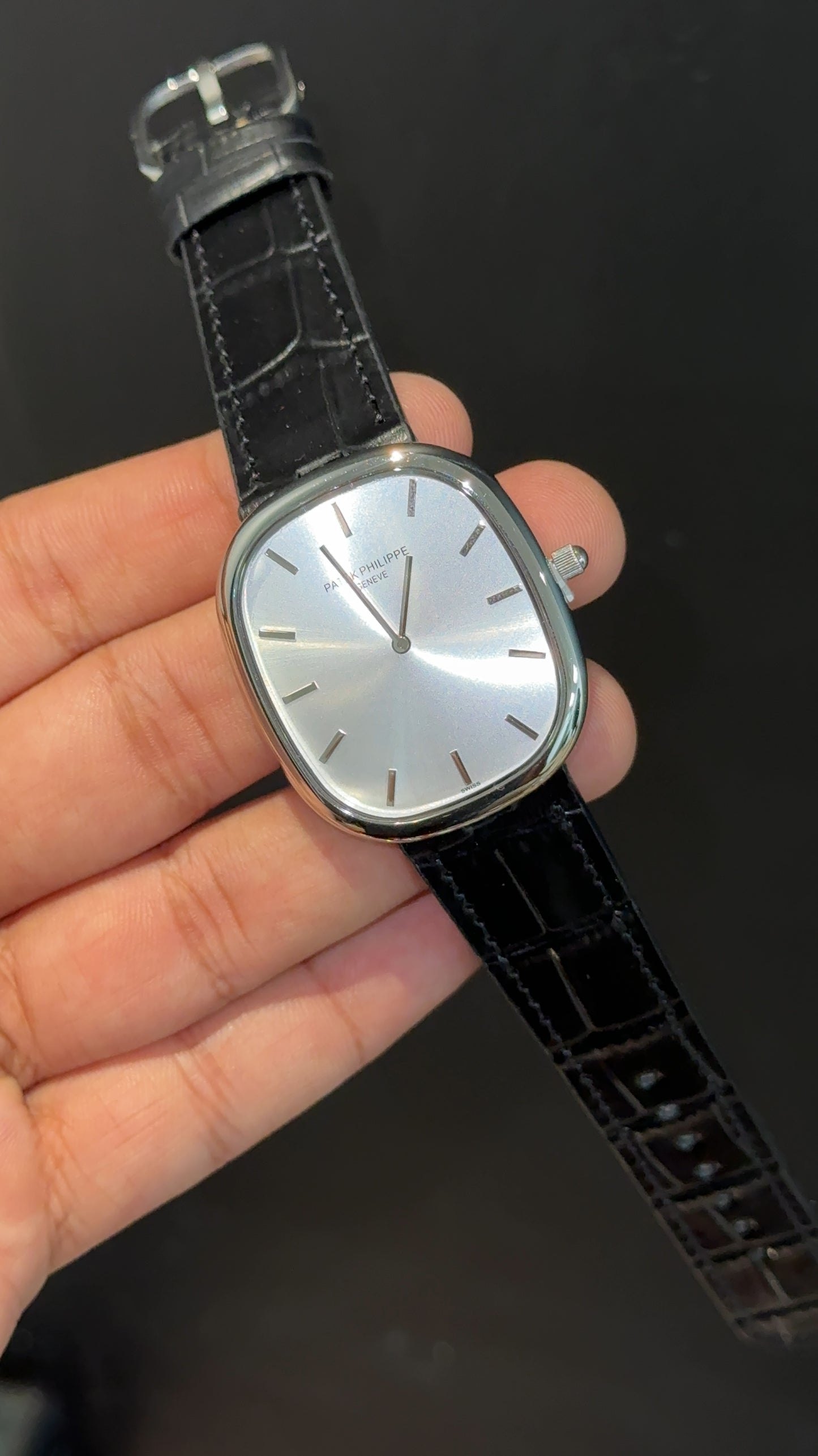 Pp Ellipse | Silver Case | Black Leather Strap | White Ebony Dial