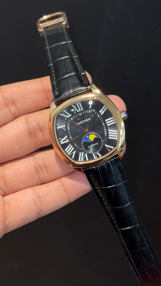 Cartier | Rose Case | Black Leather Strap | Moonphase | Black Dial