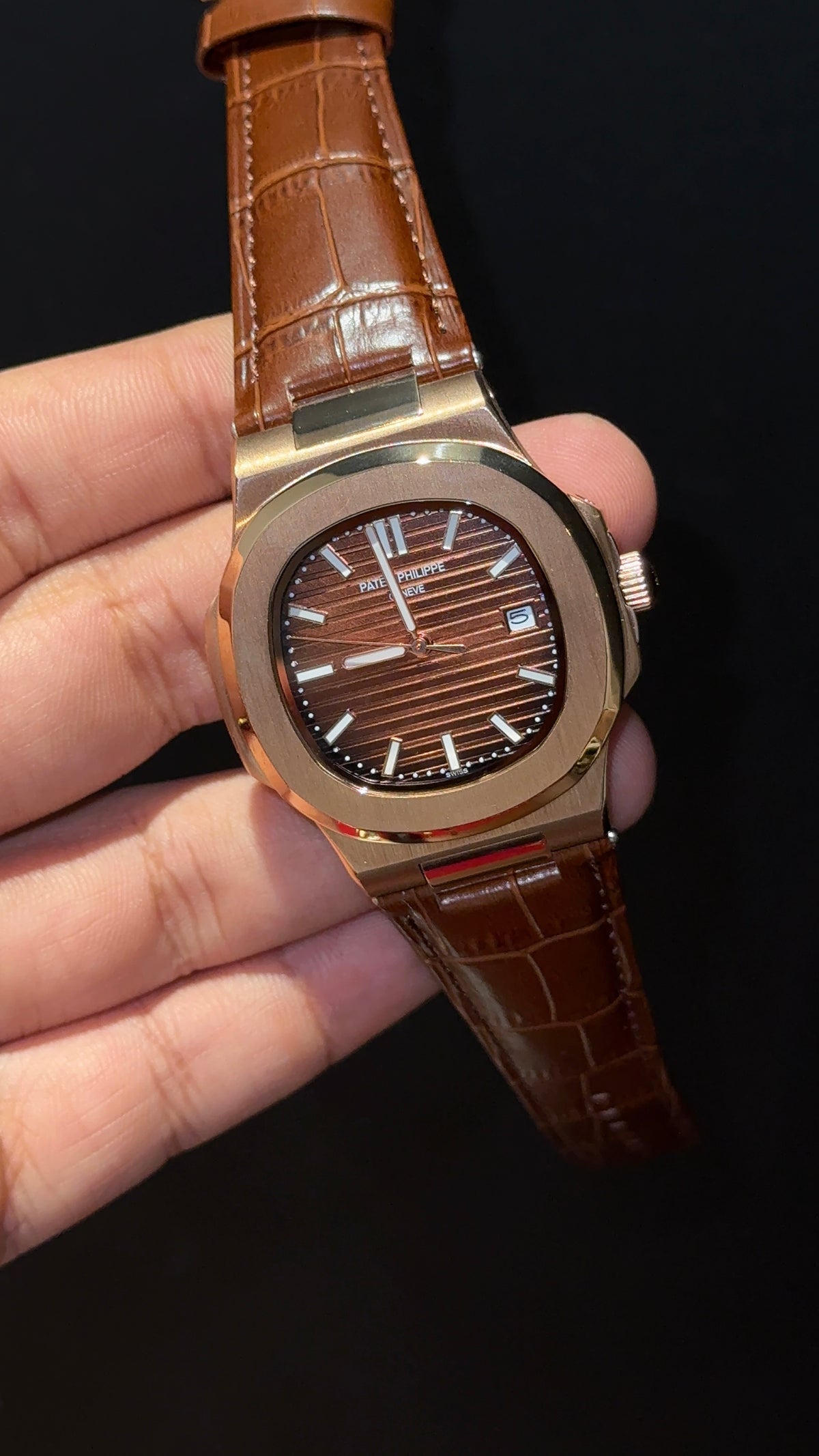 Pp Auto | Rose Bezel | Choco Dial | Brown Leather Strap
