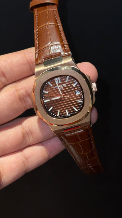 Pp Auto | Rose Bezel | Choco Dial | Brown Leather Strap