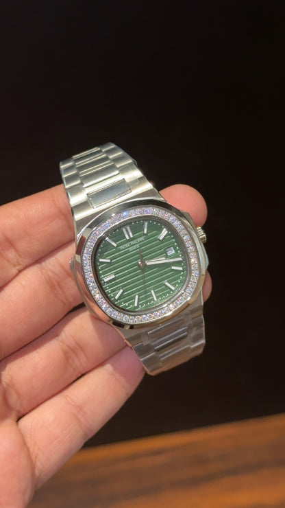 Pp Auto | Silver Chain | Silver Diamond Bezel | Green Dial