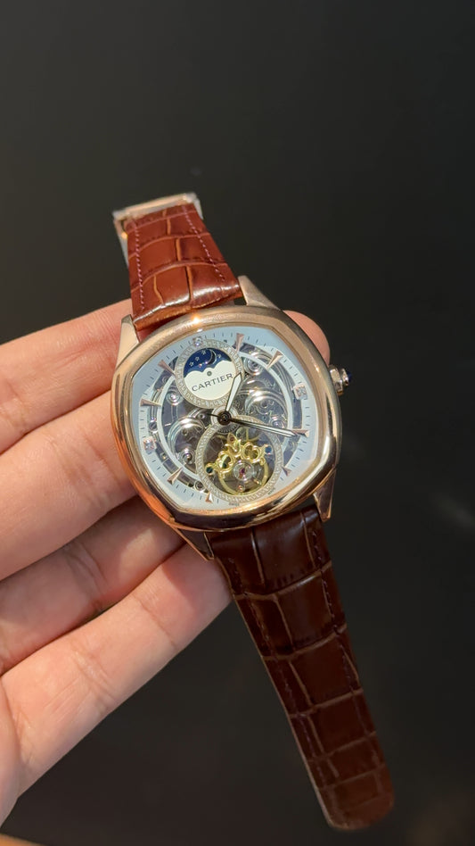 Cartier | Rose | Skeleton | Moonphase | Brown Leather Strap | White Dial