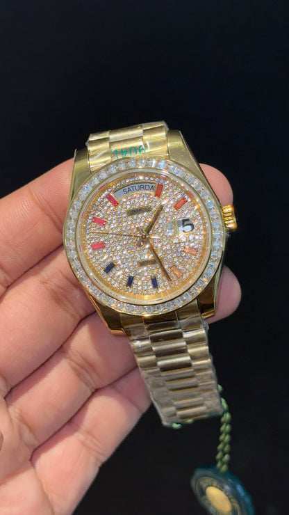 DayDate | Diamond Bezel | Gold Chain | Rainbow Digit | White Diamond Dial