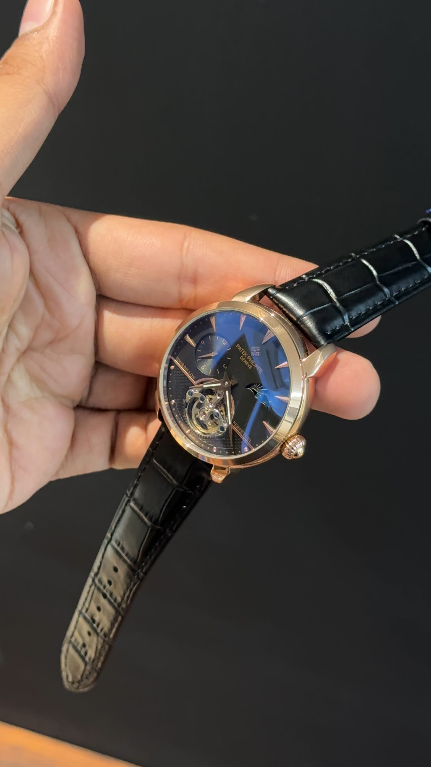 PP Auto | Rose | Pendulum | Moonphase | Black Leather Strap  | Black Timer Dial