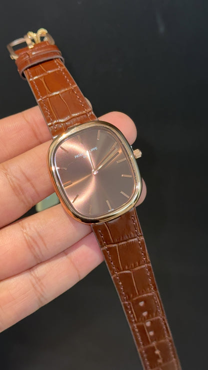 Pp Ellipse | Rose Case | Brown Leather Strap | Brown Ebony Dial