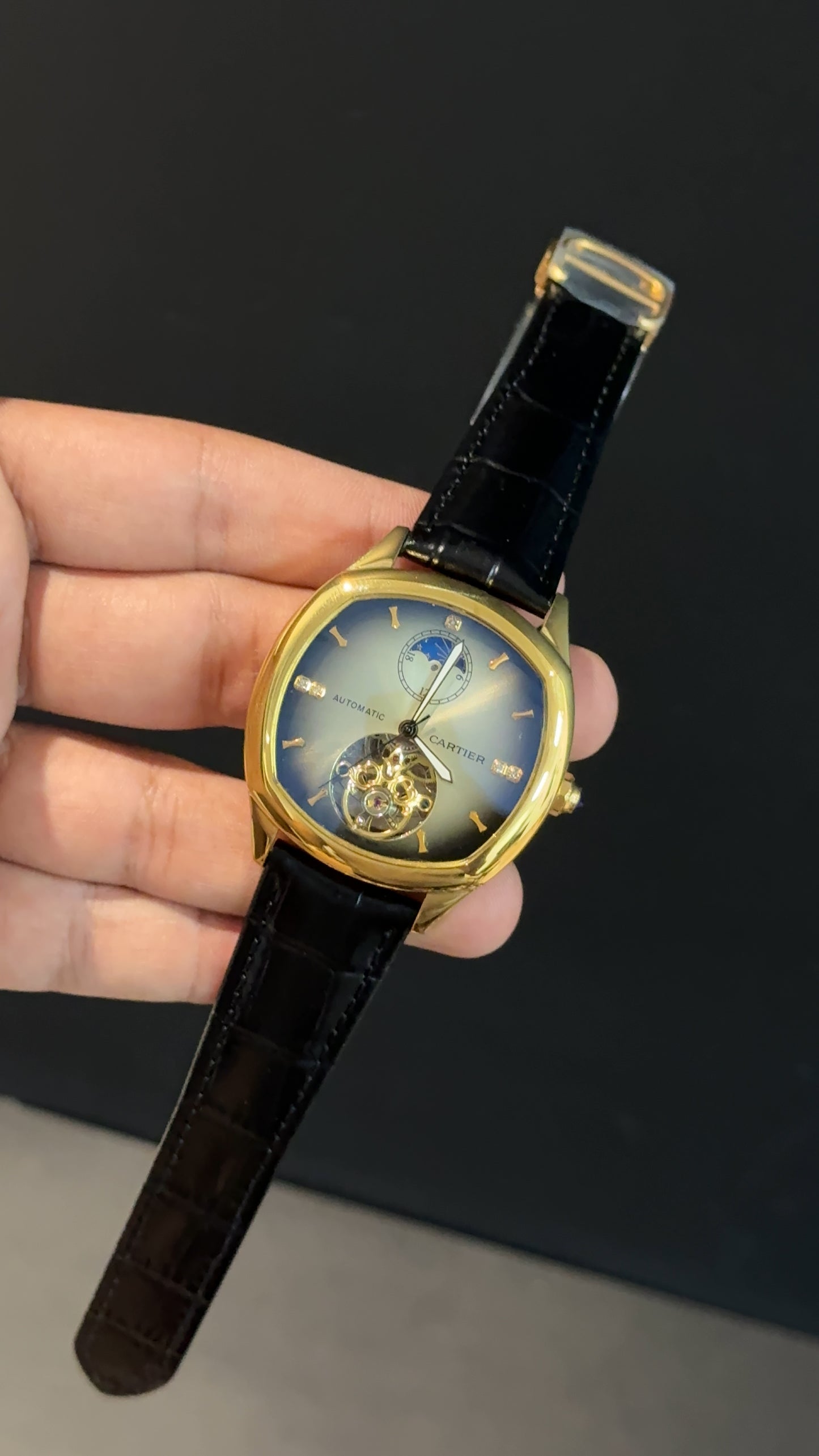 Cartier | Gold Square Bezel | Pendulum | Moonphase | Black Strap | Shady White Blue Dial