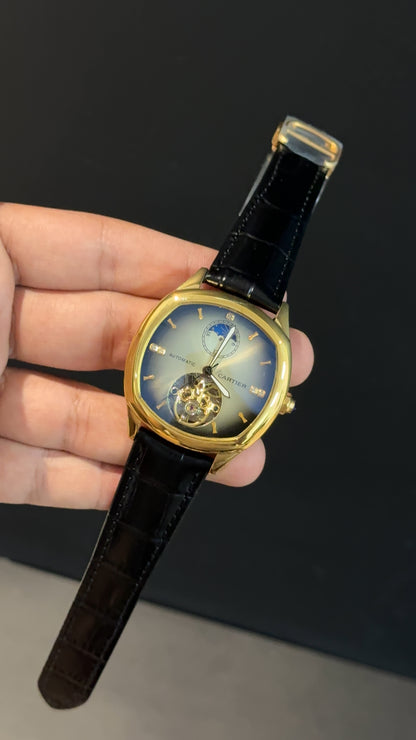 Cartier | Gold Square Bezel | Pendulum | Moonphase | Black Strap | Shady White Blue Dial