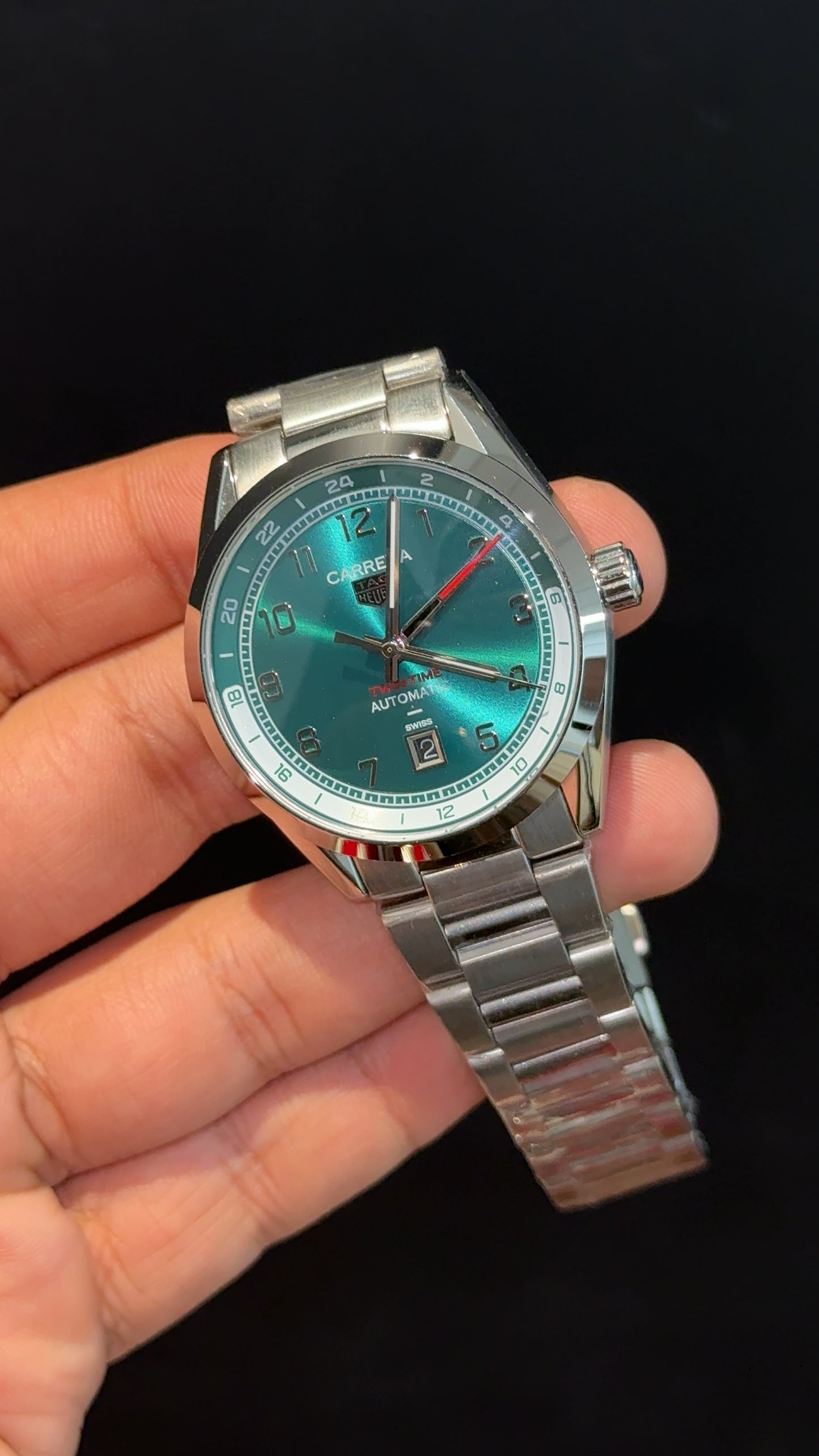 Tag Carrera | Silver Chain | Twin Timer | Green Dial