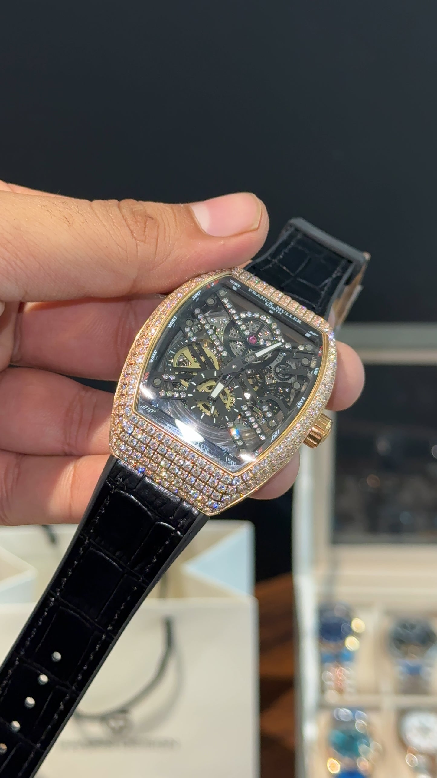 Premium Franck Muller | Curvex Skeleton | Rose Pearl Case | Black Leather Strap | Black Dial