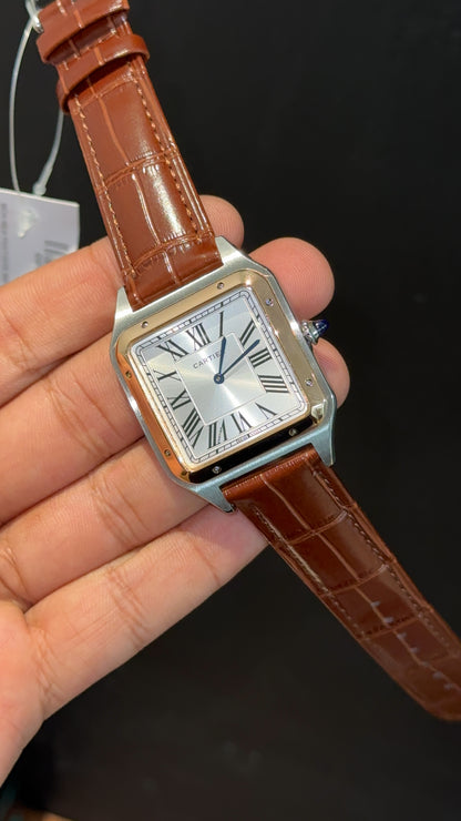 Cartier Santos | Rose Two Tone Case | Brown Dumont Strap | White Dial