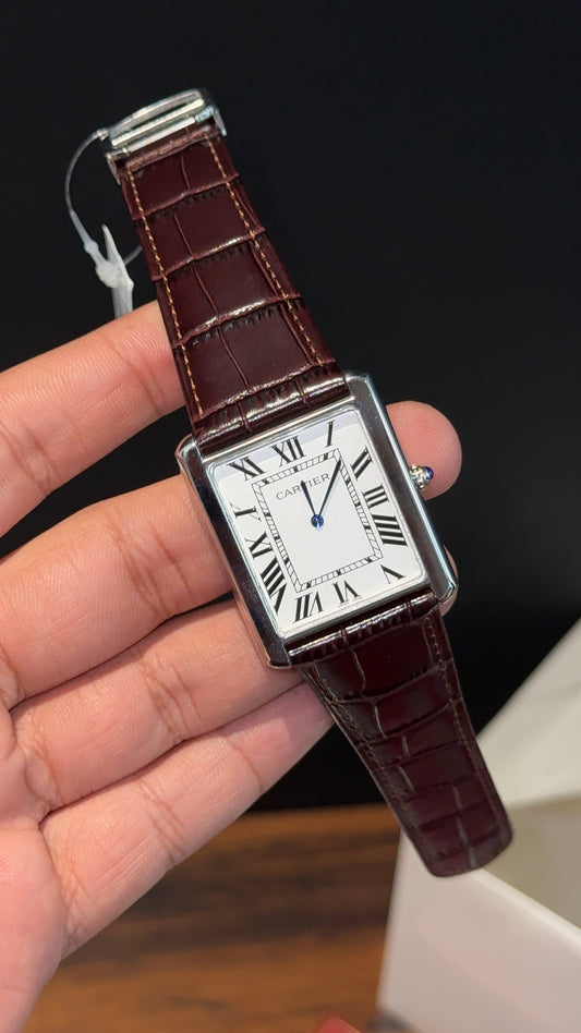 Cartier Tank | Silver | Dark Brown Leather Strap | White Dial